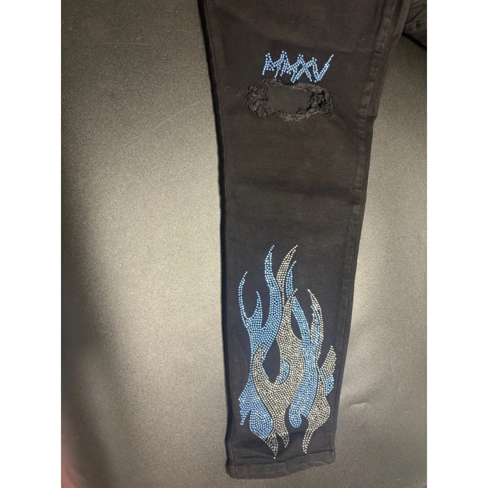 Guapi NEW Men's Rhinestone Flame Jeans Black Distressed Denim Slim‎ Fit Size 40